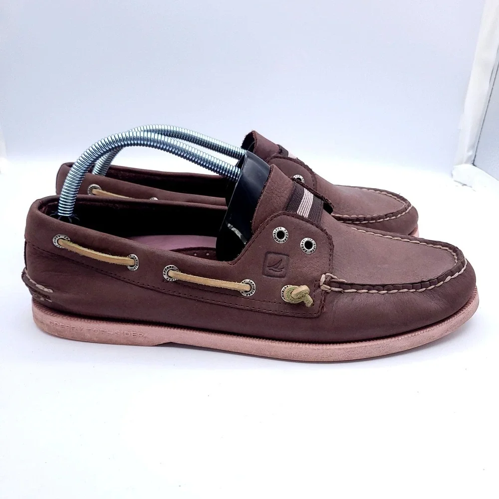 Sperry Top Sider Gore Boat Shoes Mens Sz 10 Brown Amaretto Pink Color Pop Sole
